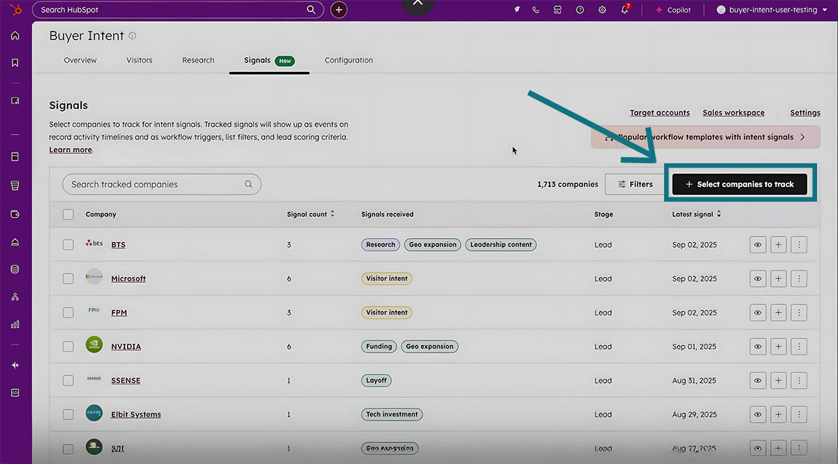 Buyer Intent - Select Companies to Track